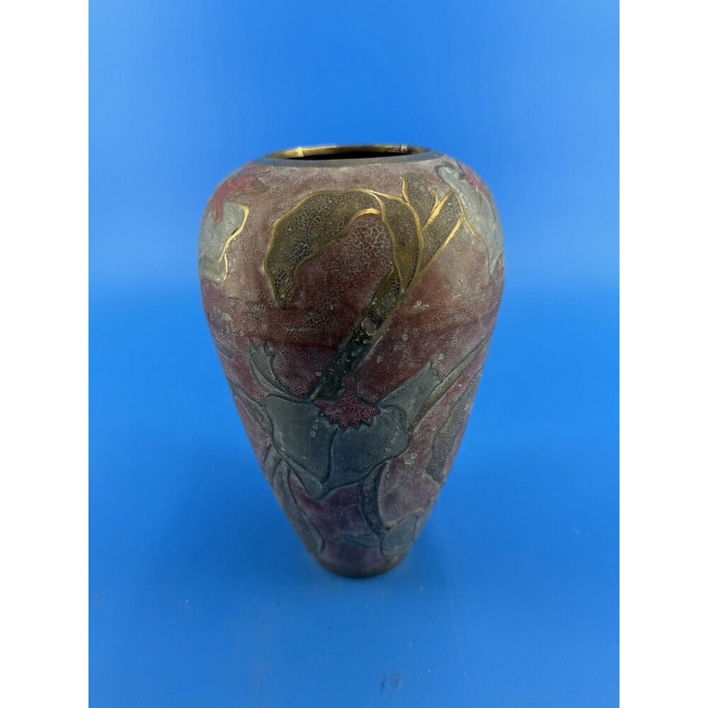 Vintage Solid BRASS Made in INDIA Enamel Cloisonne Floral Vase